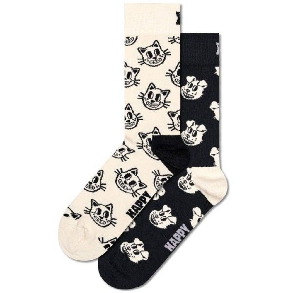 HAPPY SOCKS Crew Socks 2-Pack Black Cream Dog Cat Pet Animals Combed Cotton